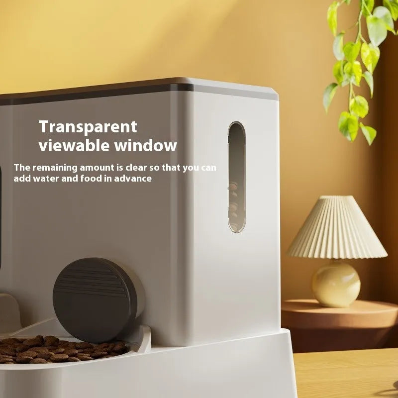 Cat automatic pet feeder water dispenser with integrated double bowl design in grey colour