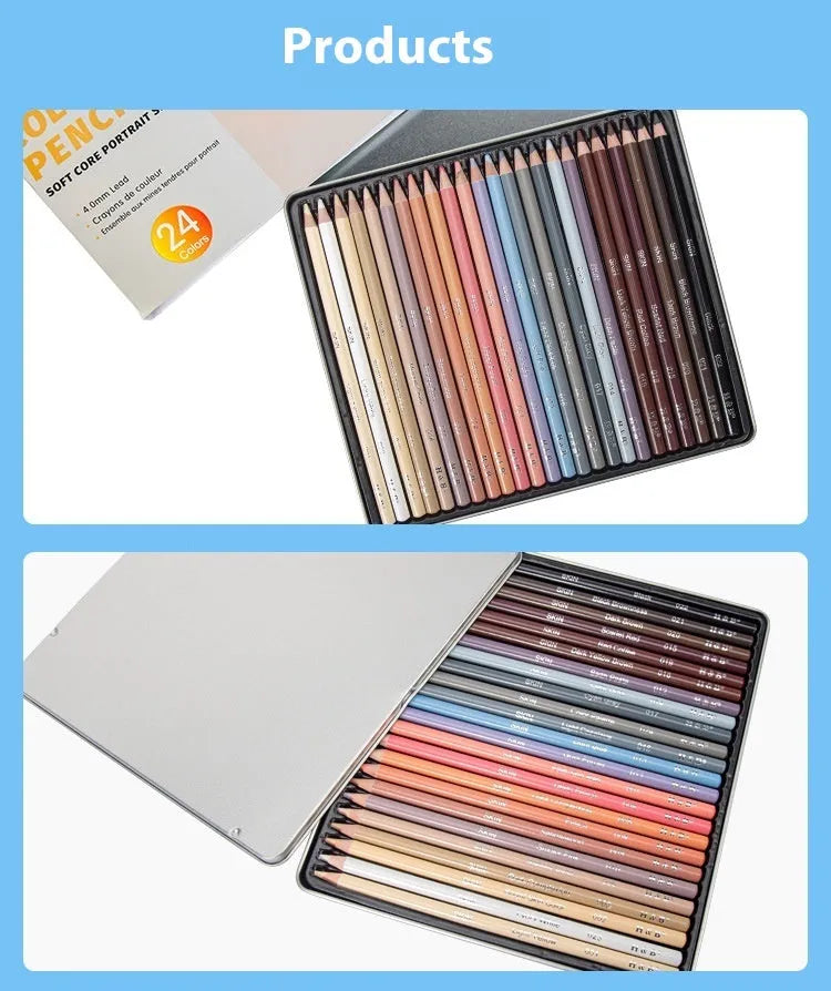 24 skin colour portrait pencils in metal tin with round brush pot for hand-painted artwork