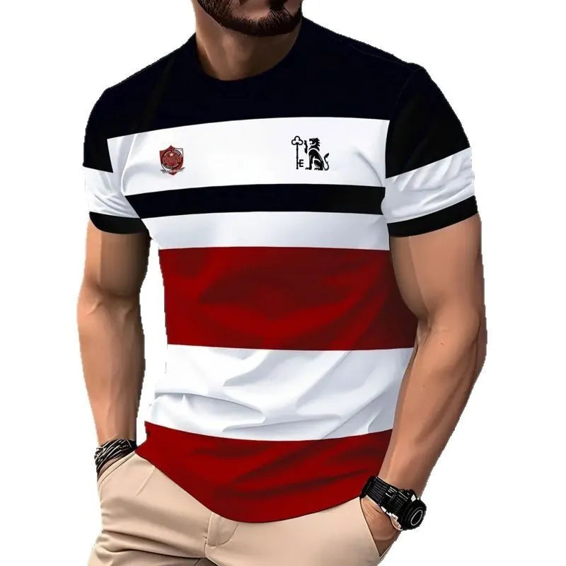 Men's loose fit short sleeve T-shirt with a striped 3D digital print design in a casual style.