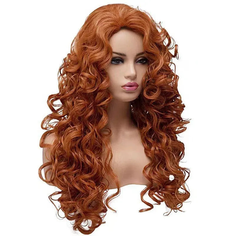 Brown long wavy curly synthetic wig with fluffy texture on a wig head.