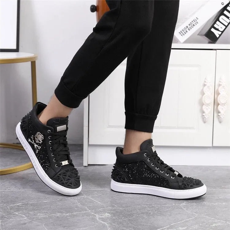 Men's black genuine leather high top skeleton shoes with lace-up closure and rubber sole