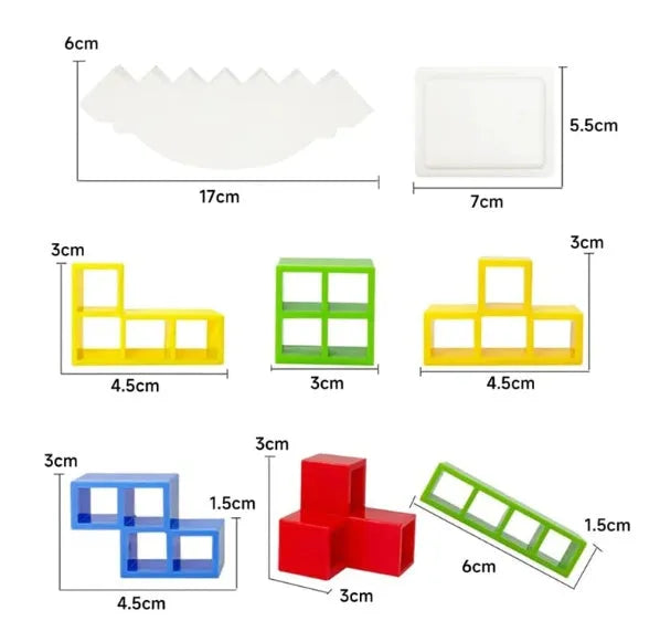 Plastic balance stacking game with 16 coloured blocks, chassis and base on a table