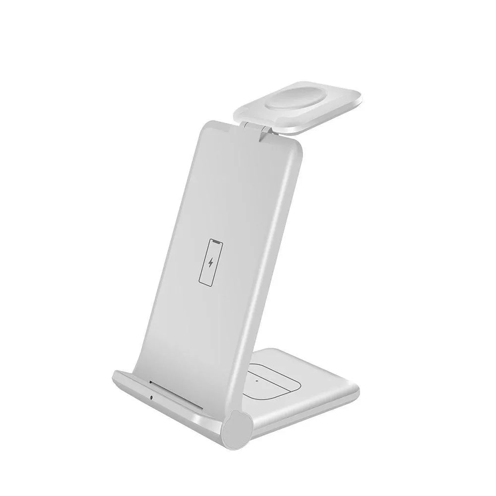 Black and white 3-in-1 wireless charging station for phones, Apple Watch and AirPods with foldable design