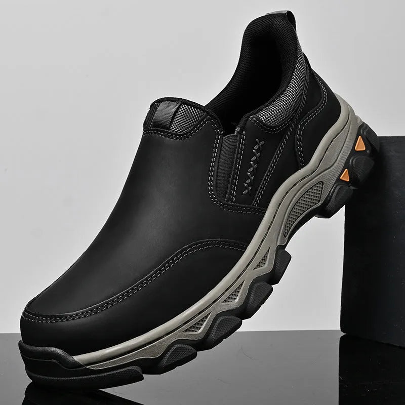 Men's casual leather shoes with rubber sole and round toe in solid colour, available in dark brown, black, and gray, sizes 40-50