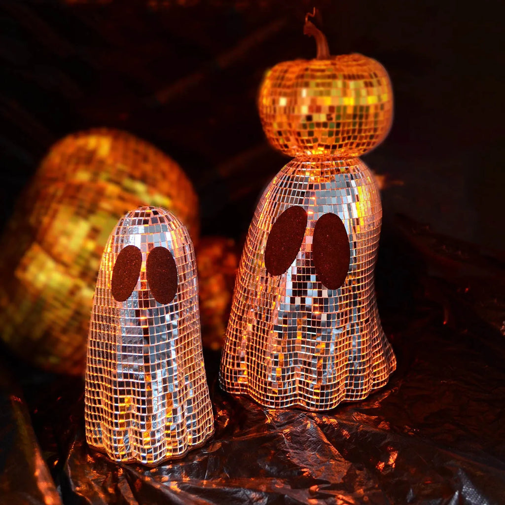 Silver Halloween ghost decoration with mosaic mirror patches on embroidered glass