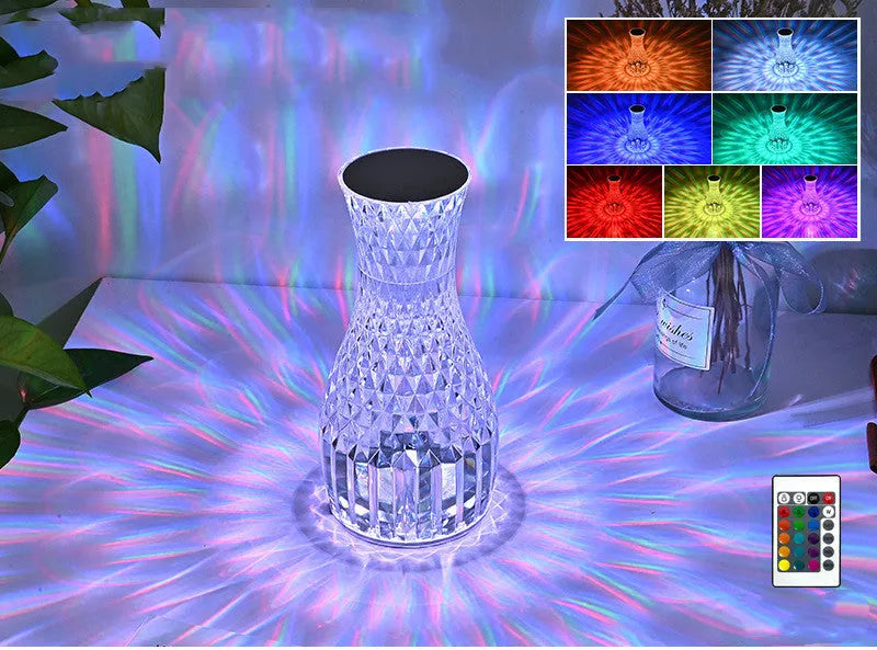 Vase shape crystal table lamp with diamond-like light effect on bedside table, touch dimmable USB rechargeable LED