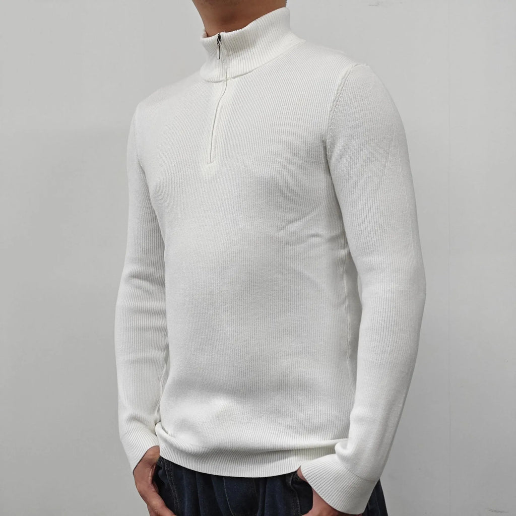 Men's black half-turtleneck zip-front sweater made from cotton blend fabric.