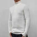 Men's black half-turtleneck zip-front sweater made from cotton blend fabric.
