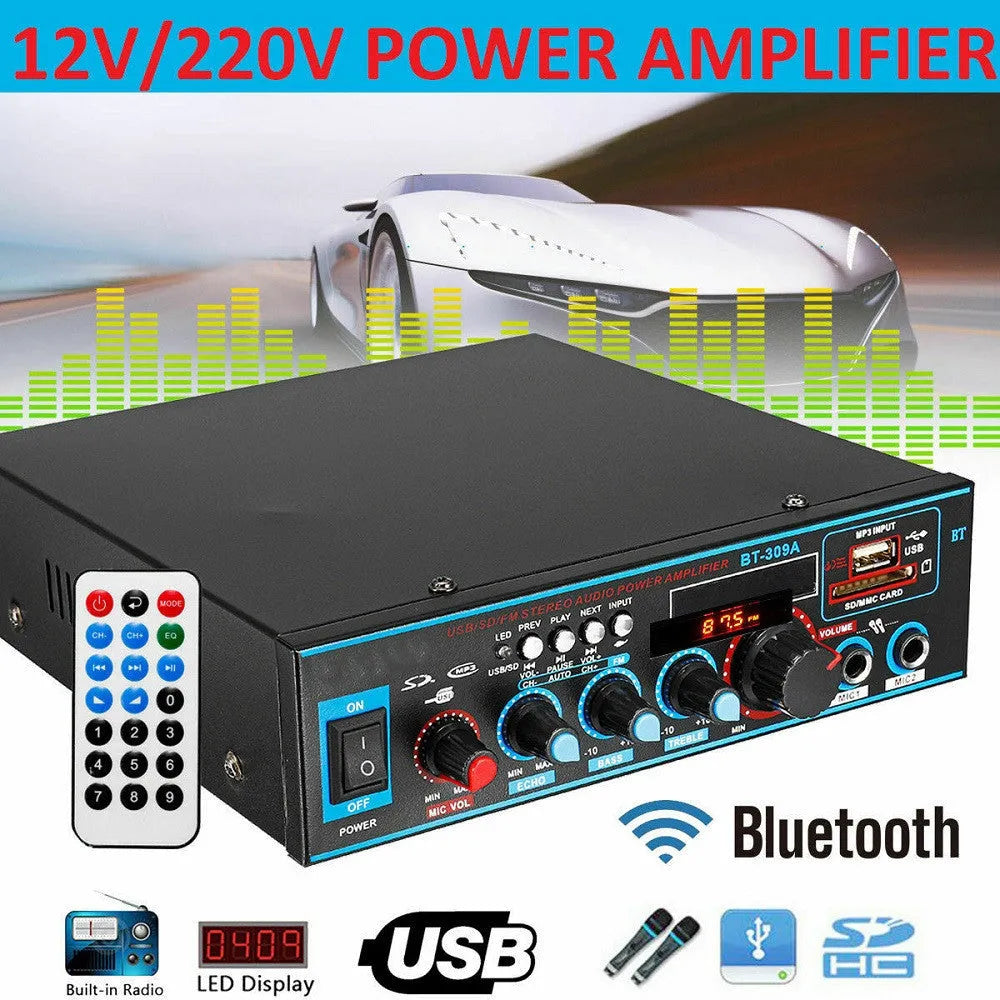 BT-309A-A black power amplifier with Bluetooth and FM functions for home and car audio systems