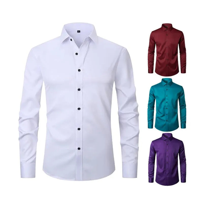Men's grey stretch long sleeve polyester work shirt on a hanger