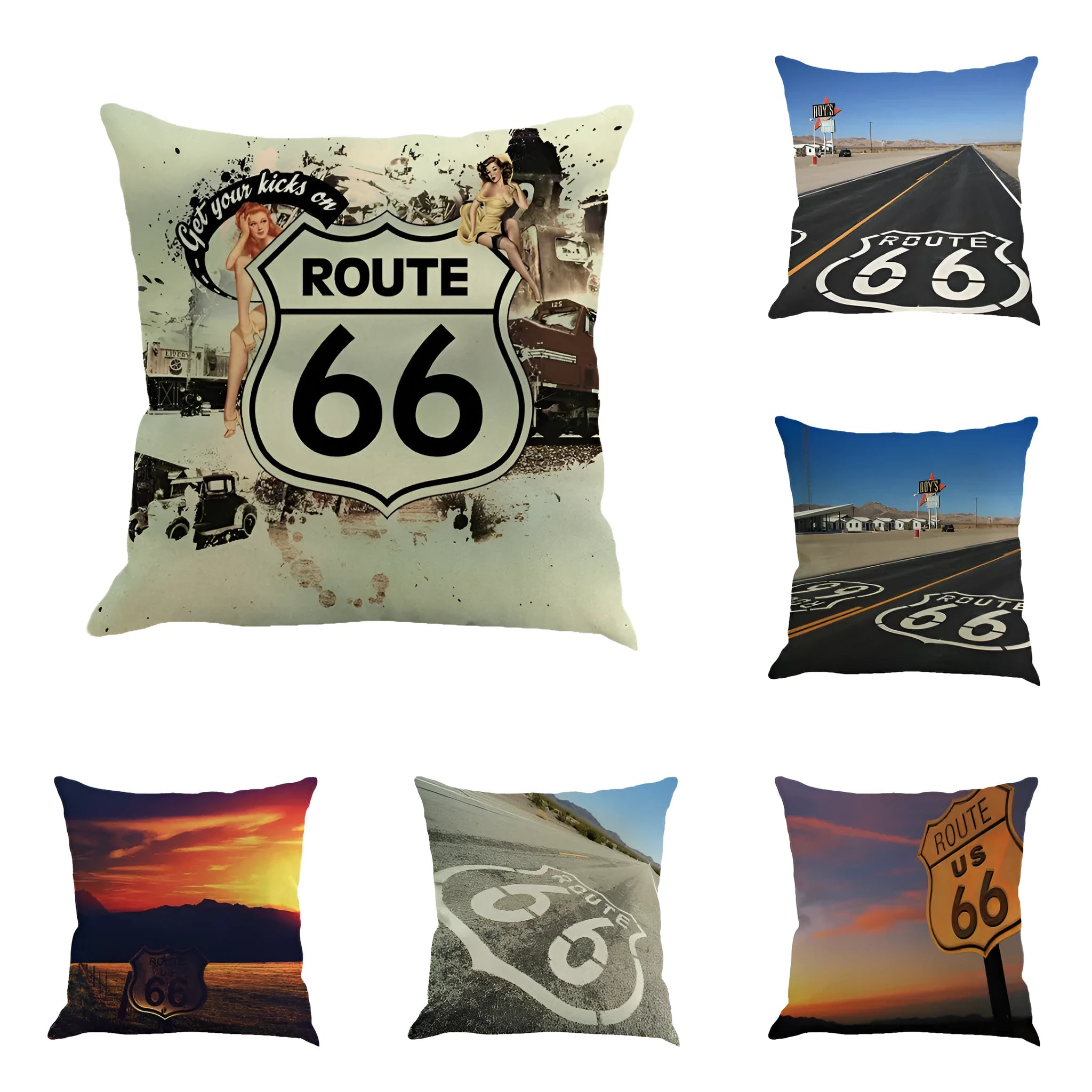 Route 66 landscape pattern on a square linen and cotton blend cushion cover