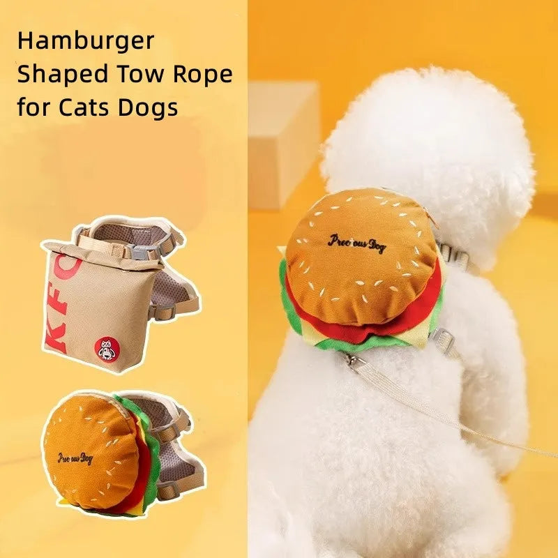 Cartoon hamburger design adjustable escape-proof vest leash for a dog on a walk.