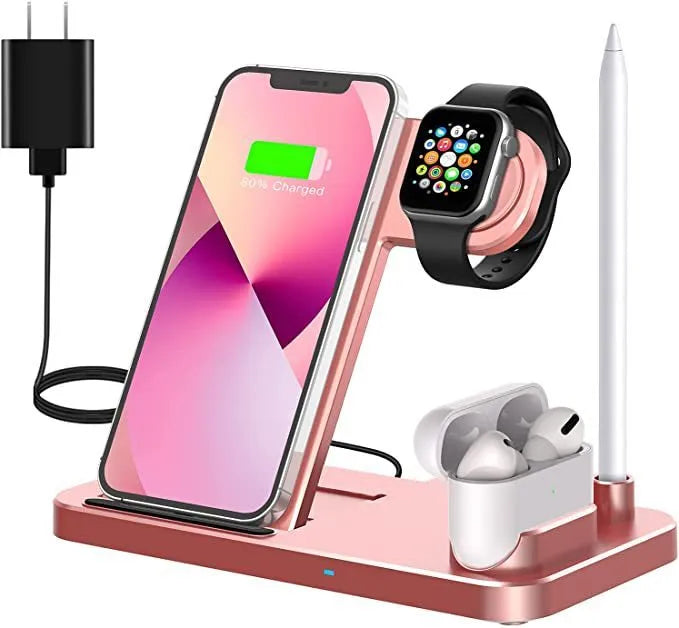 Folding 4-in-1 wireless charger showing multiple charging pads in open position with smartphone placement