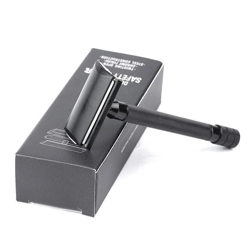 Traditional manual shaving kit with metal straight razor and shaving brush in black or silver handle options