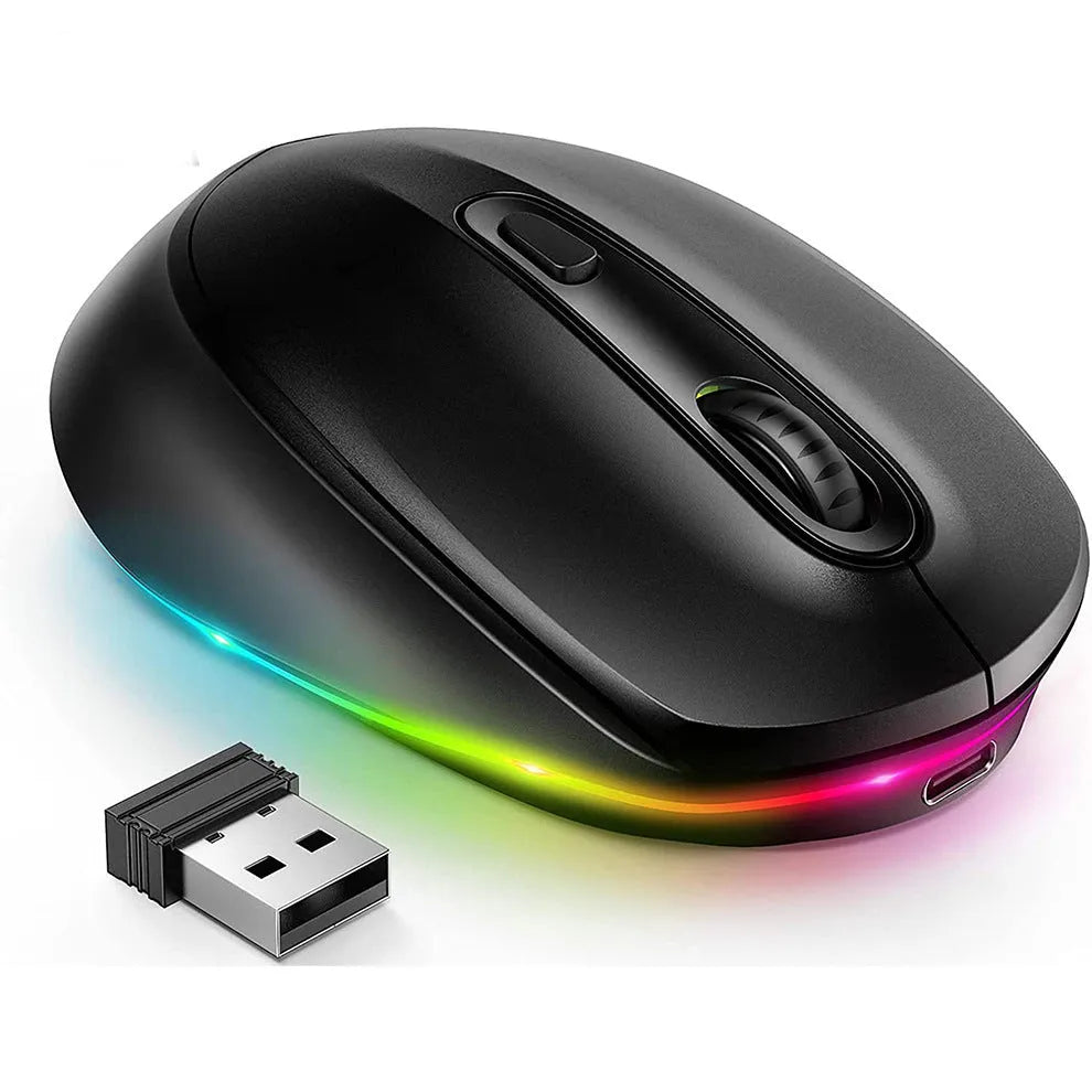 24g wireless rechargeable mouse in multiple colours, shown next to a USB charging cable.