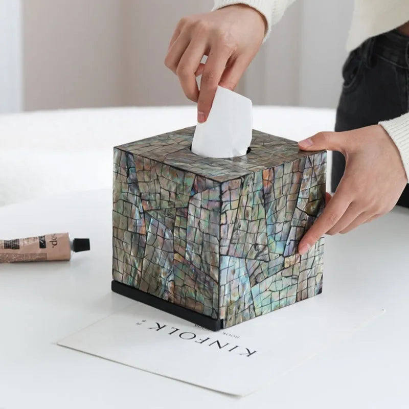Black natural shell tissue box organiser with removable divider for coffee tables