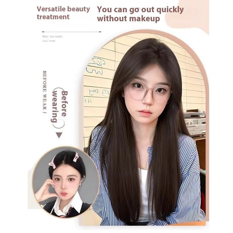 Full-head forehead lace mid-length straight wig in dark brown high temperature fibre on a mannequin