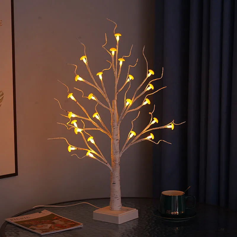 60cm tall white mushroom tree lamp with warm LED lights and small detachable red mushroom flowers on birch branches.