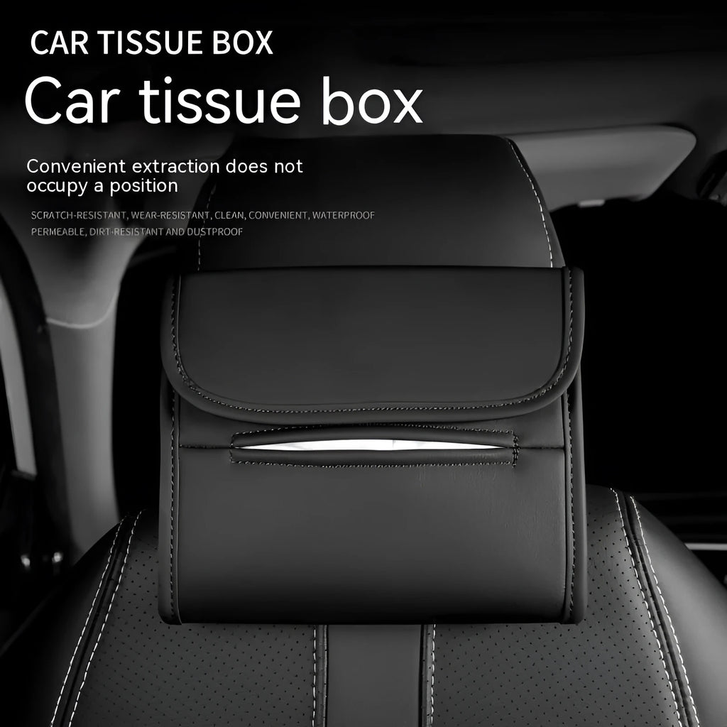 Leather car tissue box with elastic band mounting for sun visor or armrest