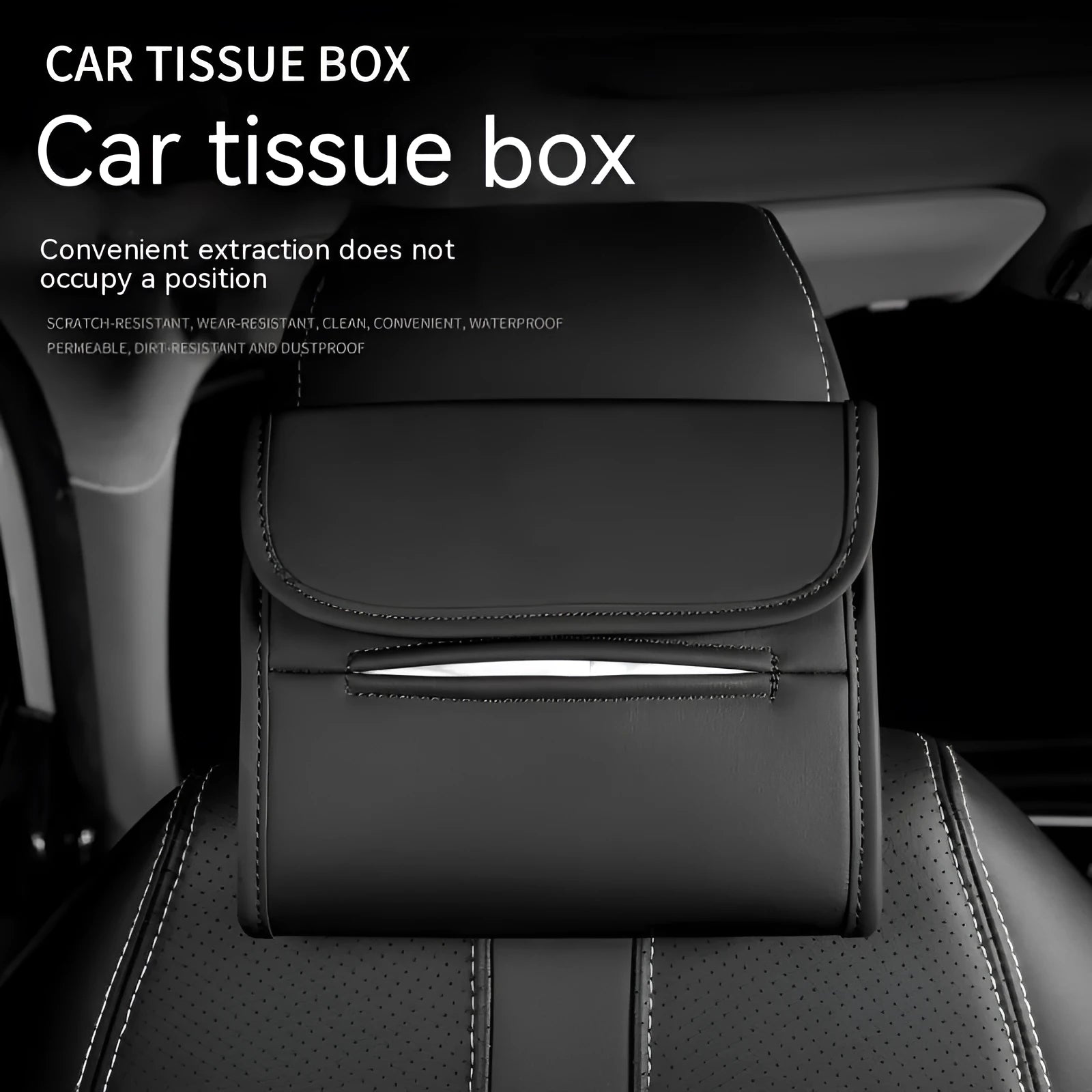 Leather car tissue box with elastic band mounting for sun visor or armrest