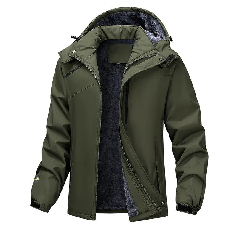 Plus size men's hooded waterproof coat in Army Green, shown on a model.