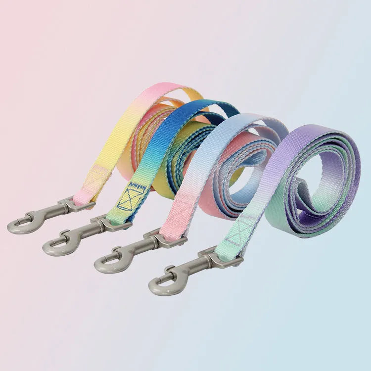Gradient colour nylon dog leash shown in pink and yellow, configured as a chest strap harness.