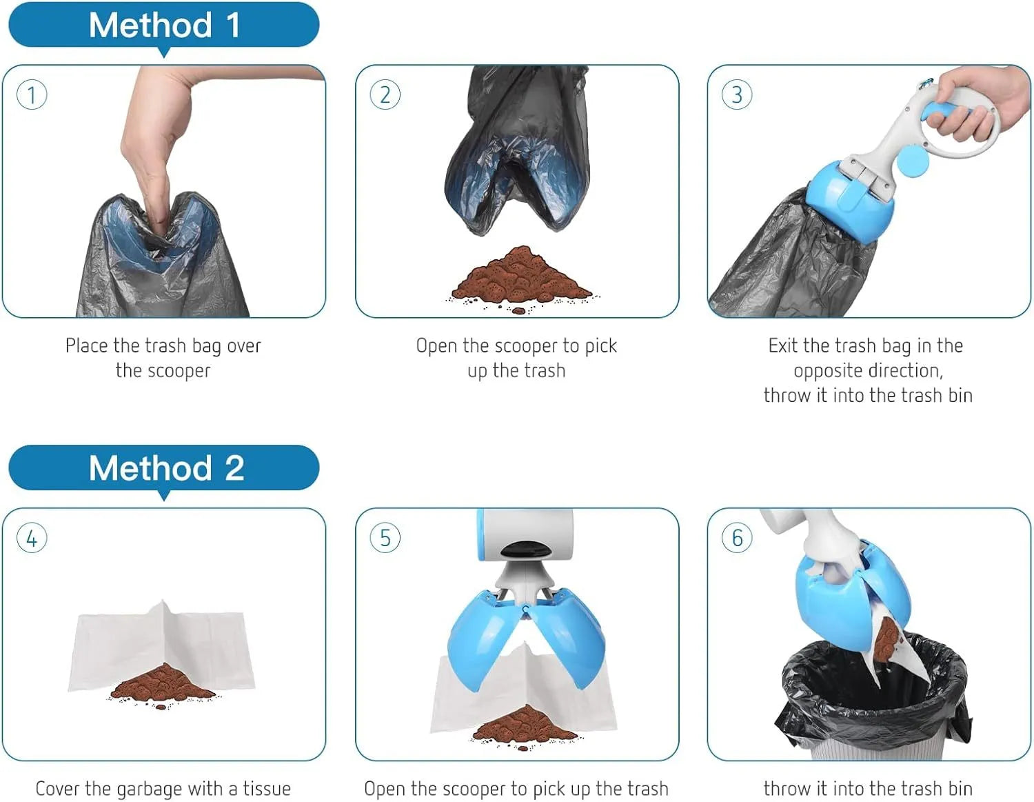 A heavy-duty ABS plastic pet pooper scooper with a built-in trash bag holder and top carry hook.
