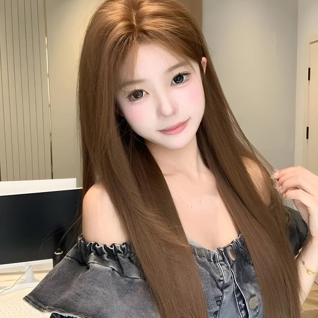 Warm brown long straight lace wig with centre-parted bangs for women on a wig stand