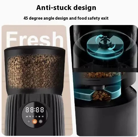 Black and white intelligent pet feeder with smartphone app remote control for automatic feeding