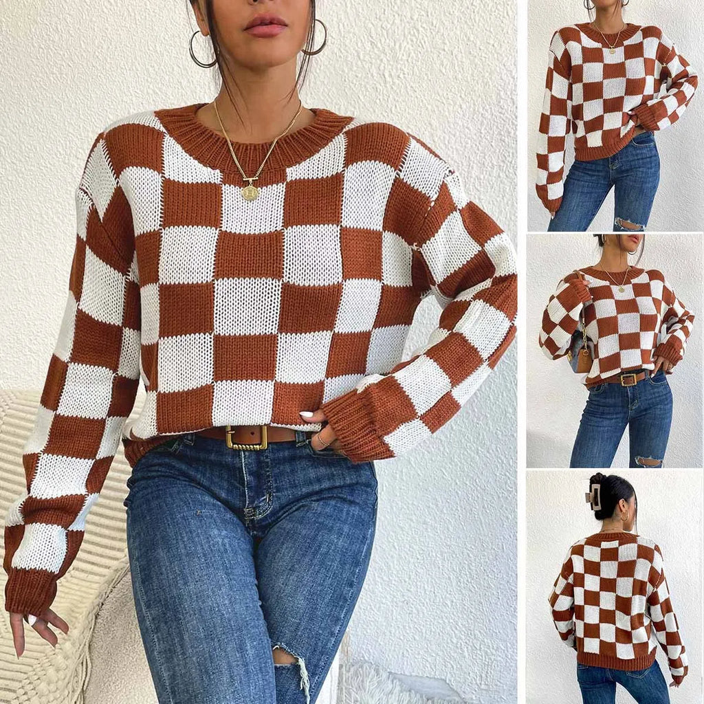 Dark brown plaid acrylic pullover sweater with round neck and long sleeves
