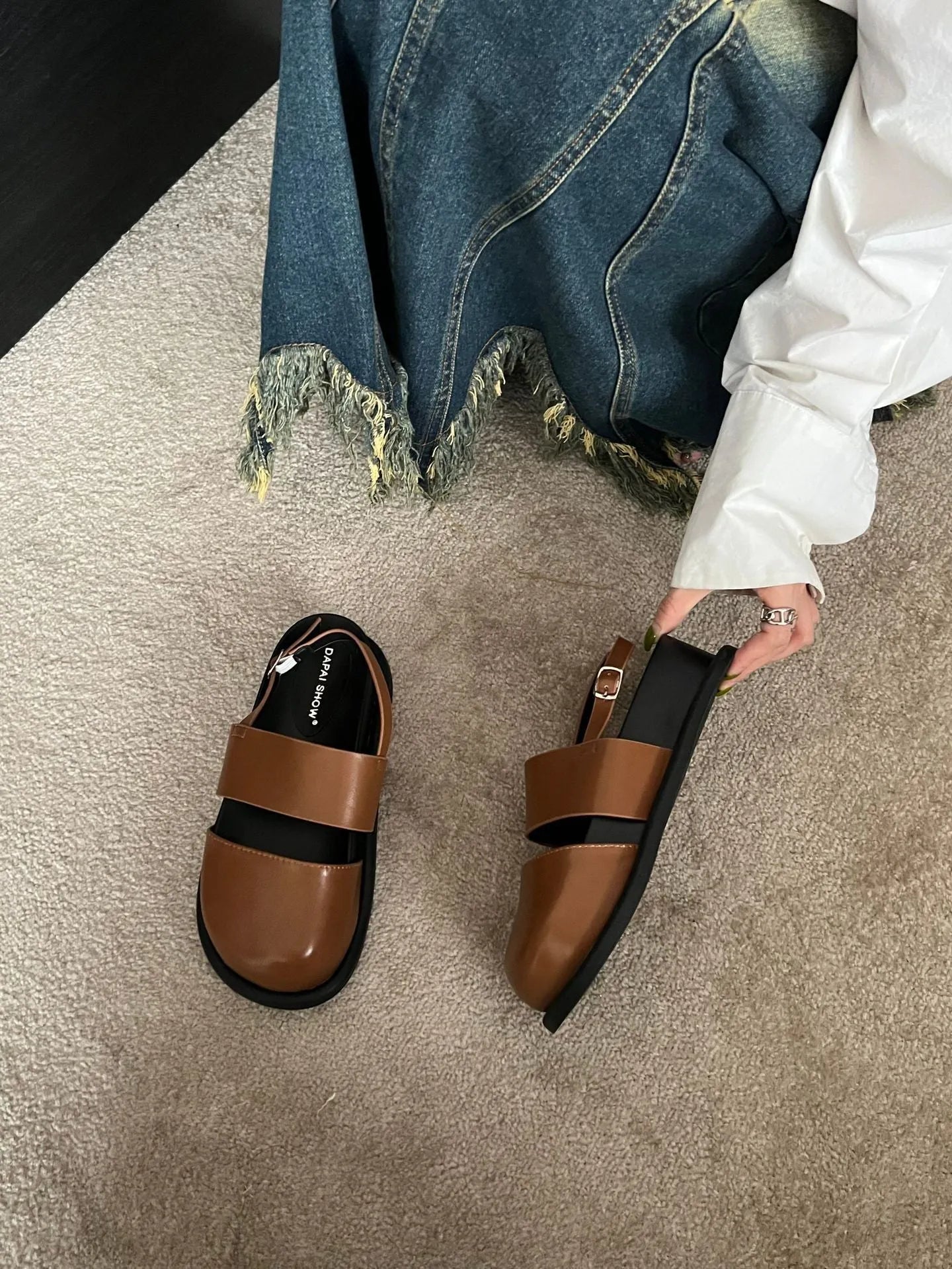 Women's retro sandals with a single ankle strap buckle and closed round toe, shown in apricot colour.