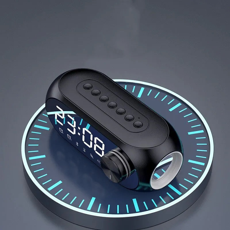 Extra Bass S8 portable mini Bluetooth speaker with digital clock display in black, blue, or white.