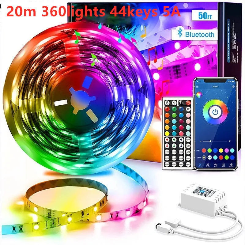 5050 RGB LED strip light set with Bluetooth remote controller and power adapter on white background