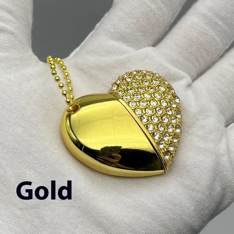Heart-shaped brick-patterned metal USB flash drive on display in blue.