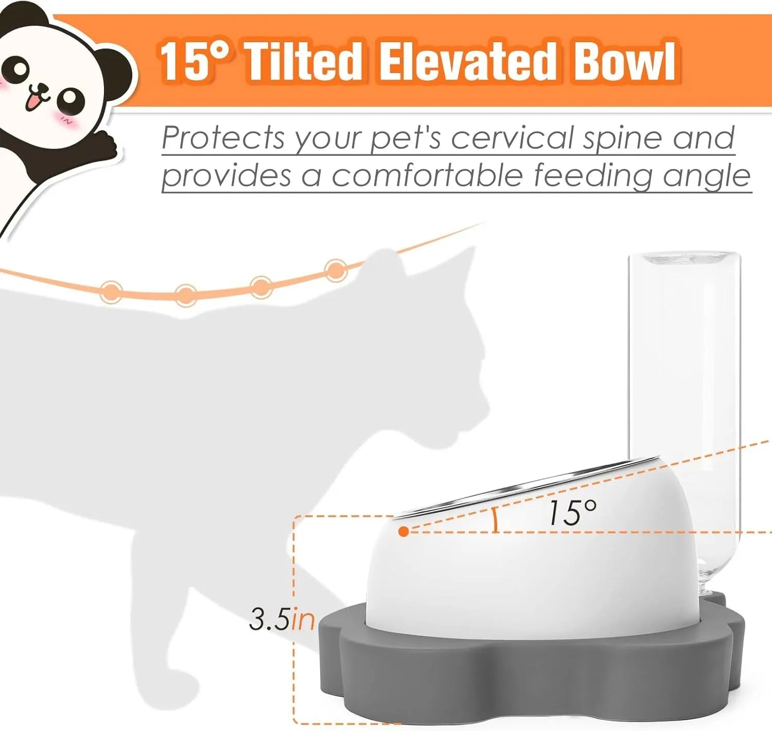 Grey and green panda-shaped elevated pet feeder with automatic water bottle and two tilted stainless steel bowls.