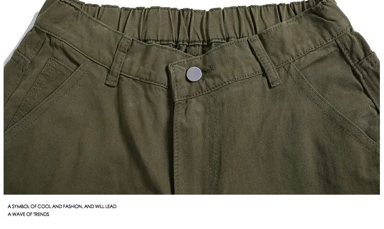 Workwear rivet cropped wide-leg shorts in apricot, red, and army green, mid waist