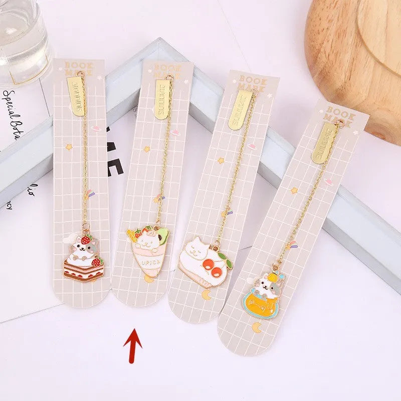 Jane Key Foodie Cute Pet Cat metal pendant bookmark with laminated card, four design options shown.
