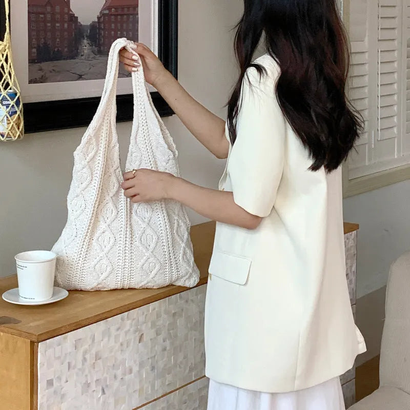 Retro hollow knitted women's shoulder tote bag in polyester yarn with double straps