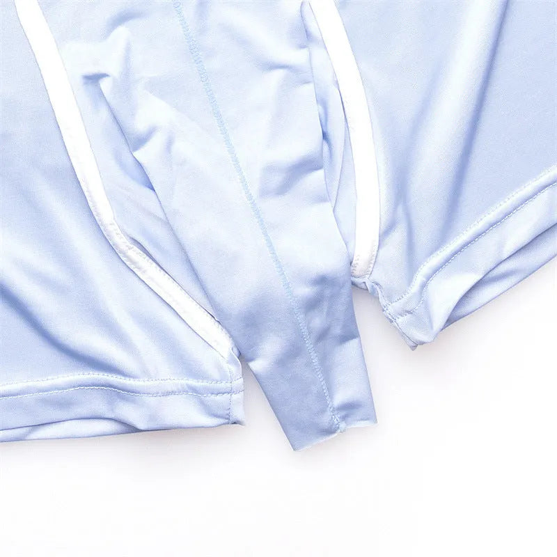 Men's solid colour ice silk boxers in mid waist style showing grey, black, green and blue options