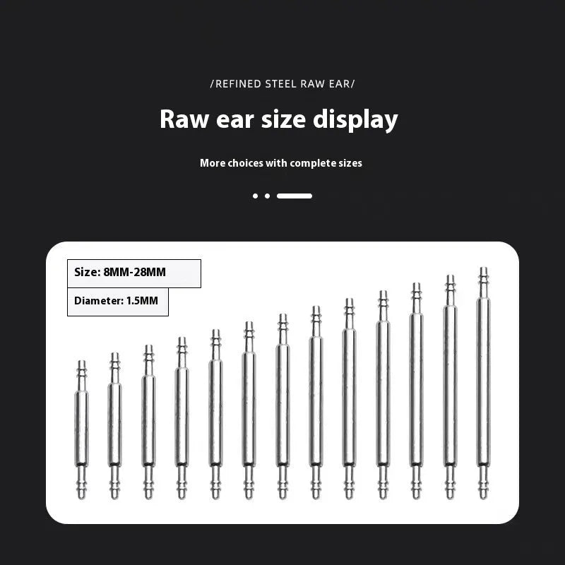 Watch bolt auricular needle spring shaft accessories showing six size options from 21mm to 26mm