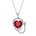 Copper stethoscope necklace for women with red diamond wing pendant on a long chain