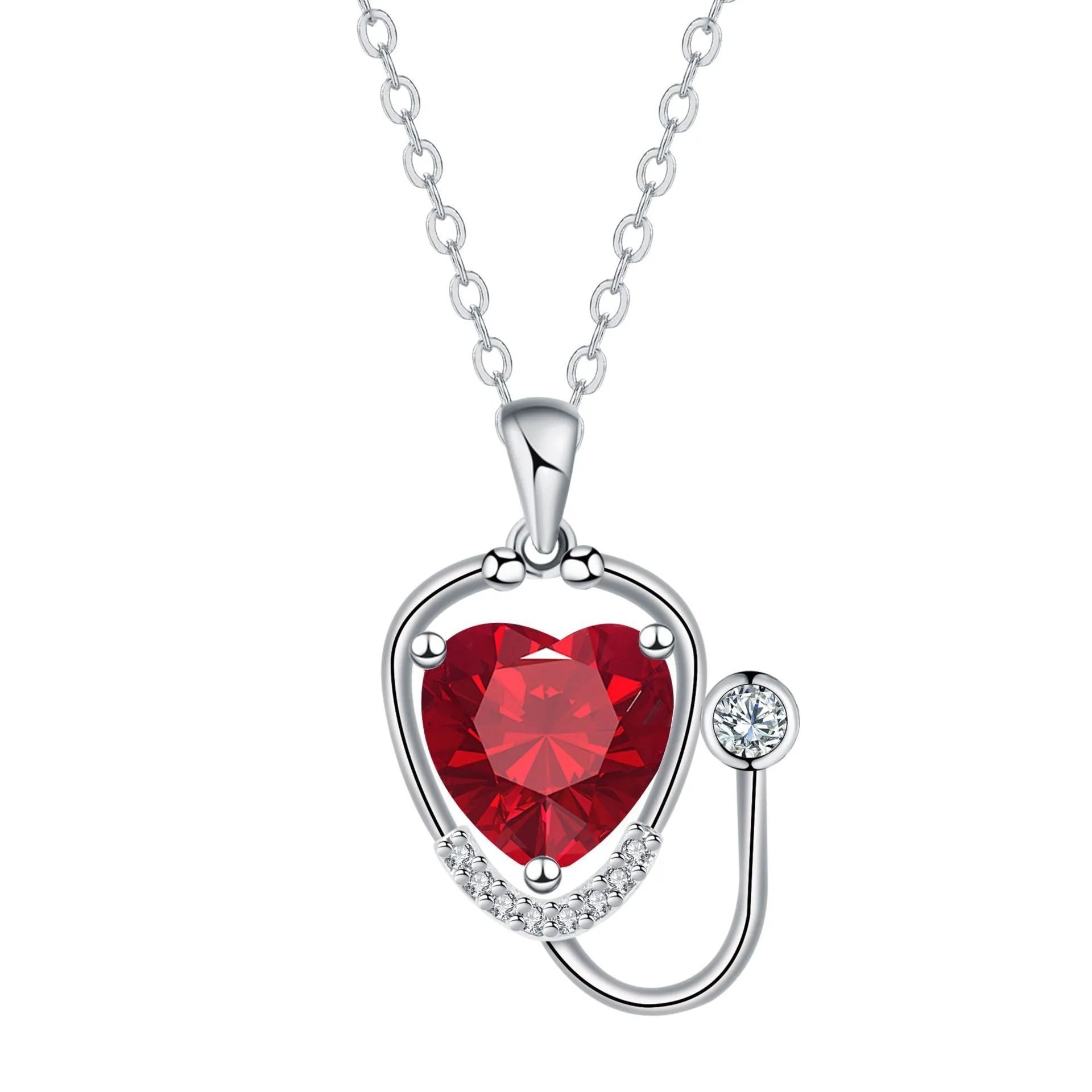 Copper stethoscope necklace for women with red diamond wing pendant on a long chain