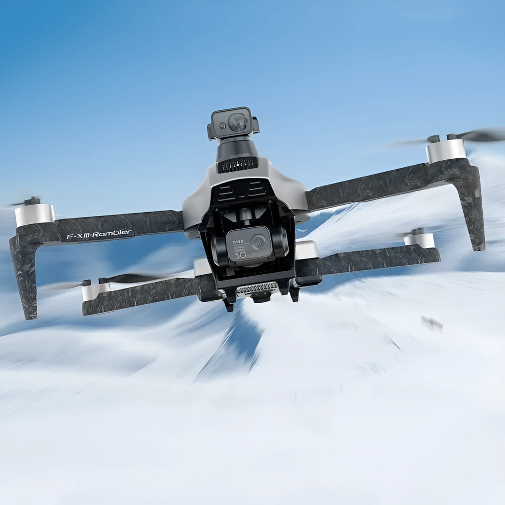 White folding quadcopter drone with camera showing obstacle avoidance sensors and brushless motors