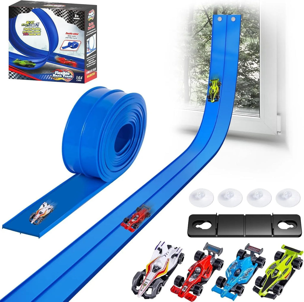 DIY double rail PVC soft track set with anti-gravity magnetic assembly, blue option, includes two random colour cars, 1100g