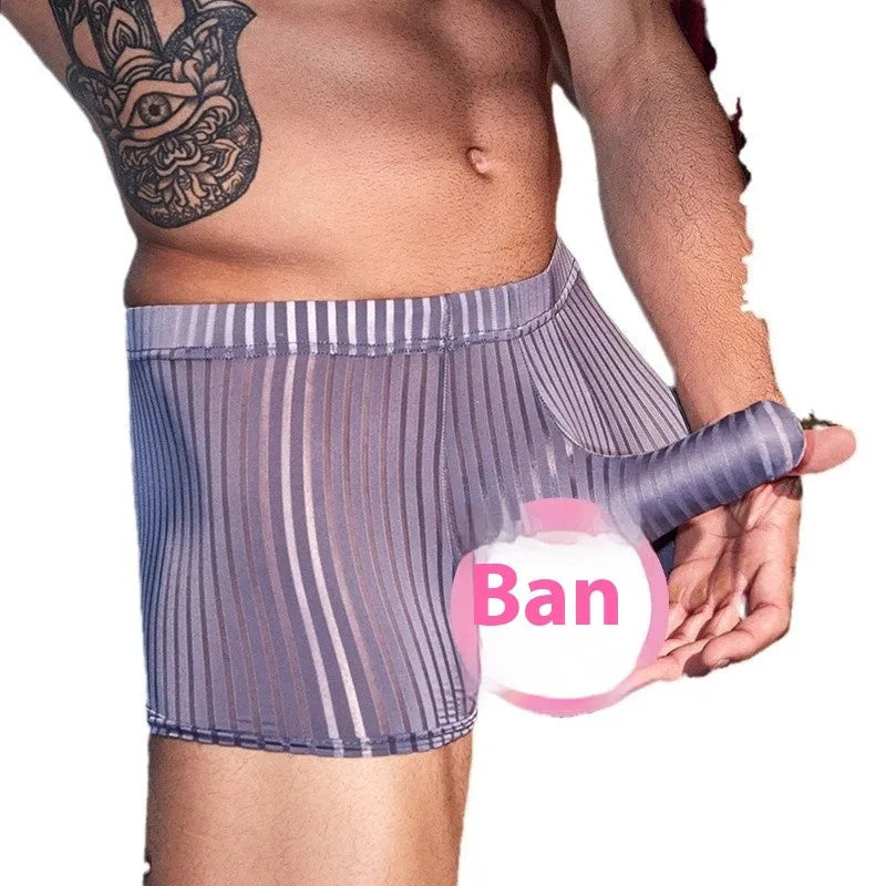 Men's vertical stripe nylon boxer briefs in black, white or dark grey