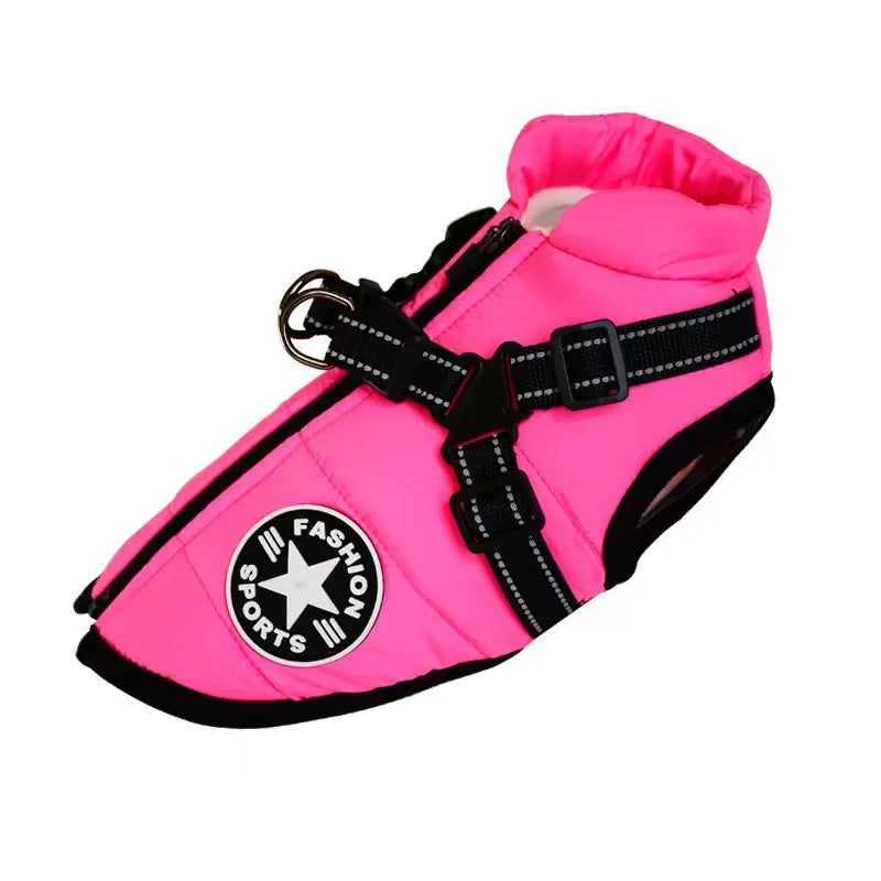 Waterproof dog coat in rain silk fabric with a harness hole, shown in red, navy blue, and army green.