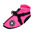 Waterproof dog coat in rain silk fabric with a harness hole, shown in red, navy blue, and army green.