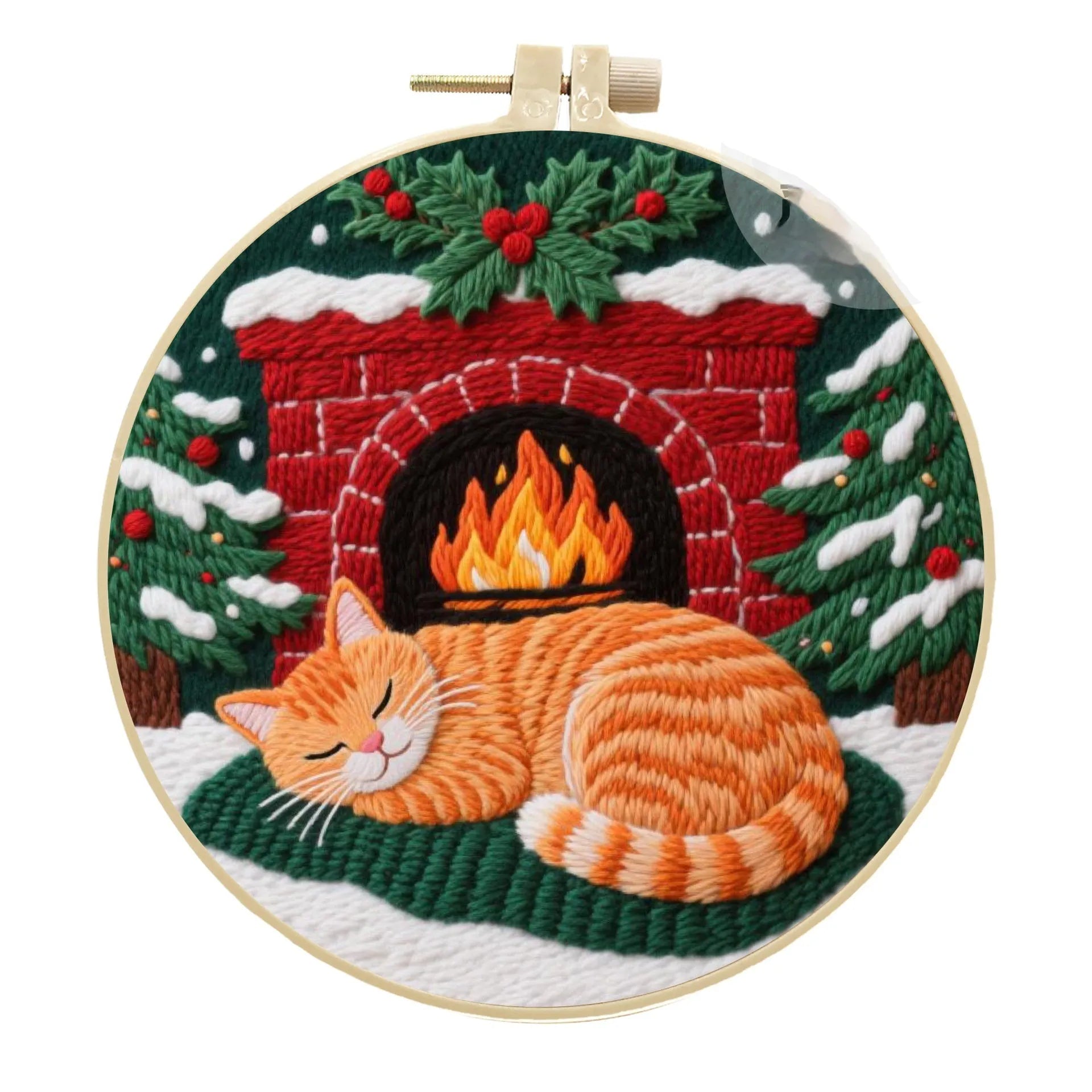 Cat embroidery DIY material kit with cotton linen fabric, 20cm bamboo hoop, and scissors on a table.