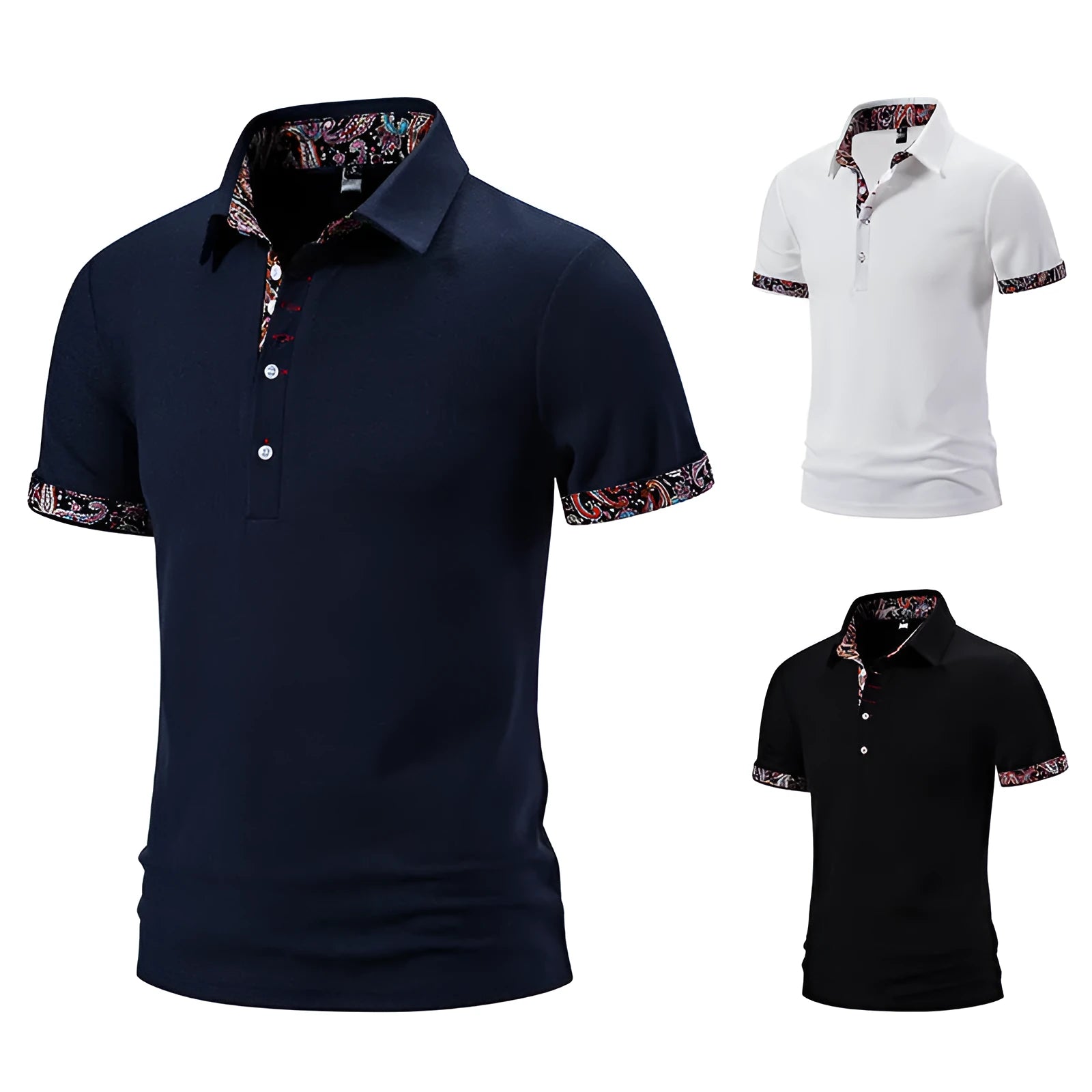 A man's regular fit polo shirt with a turnover collar, short sleeves, and colour-contrast stitching.