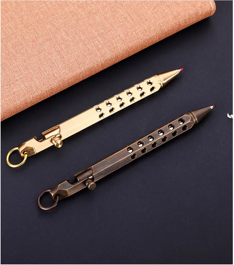 Hexagonal brass bolt action pen showing six-sided barrel and bolt mechanism